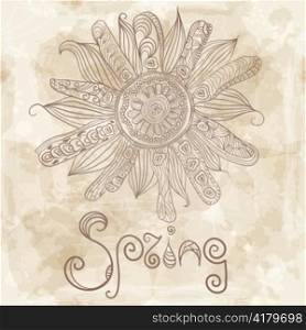 "vector spring flower and word "spring", old paper texture"
