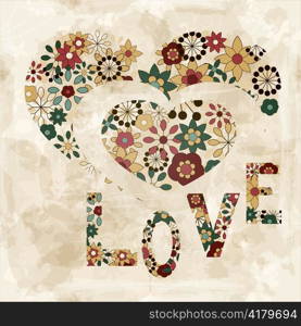 "vector spring flowers organized in heart shape and word "love", old paper texture"