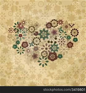 vector spring flowers organized in heart shapes, old paper texture