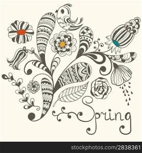 vector spring greeting card with floral pattern and bird, hand written text, hand drawn doodle style, fully editable eps 8 file