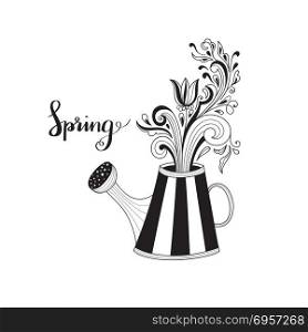 Vector Spring Greeting Card with watering can and fantasy floral pattern. Spring Greeting Card with watering can