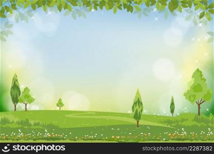 Vector Spring nature background with snowdrop flower and green grass field, Summer background with branches leave on boarder and blurry bokeh light effect. Template banner for Easter concept