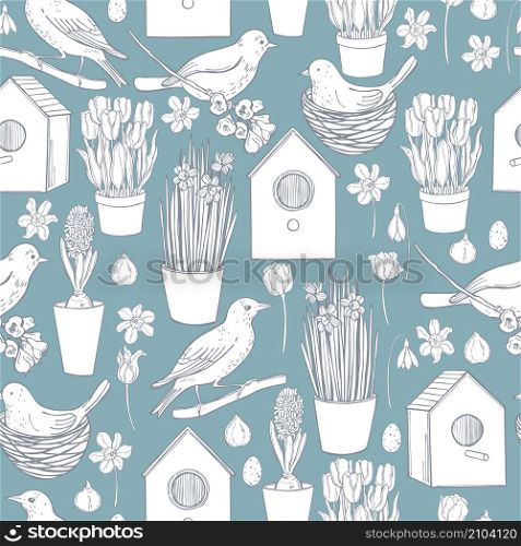 Vector spring pattern with birds and spring flowers. Sketch illustration.