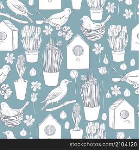 Vector spring pattern with birds and spring flowers. Sketch illustration.