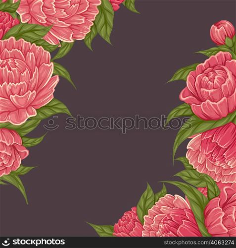 Vector square card template with cartoon illustration of peony flowers with foliage in corners and copy space. Postcard with natural frame of floral bouquet and place for text. Botanical invitation. Vector square card template with cartoon illustration of peony flowers with foliage in corners and copy space. Postcard with natural frame