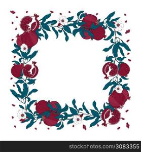 Vector square frame of pomegranate leaves, seeds and flowers. Vector illustration wreath of pomegranate and leaves. Can be used as a greeting card for background, birthday, mother s day and so on.. Vector square frame of pomegranate leaves, seeds and flowers. Vector illustration wreath of pomegranate and leaves. Can be used as a greeting card for background, birthday, mother s day and so on