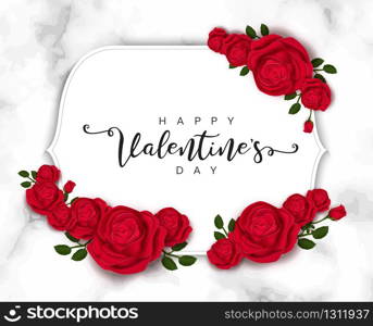 Vector square frame with golden lettering, red rose flowers and leaves on white. For wedding romantic postcard, valentine design, greeting card,