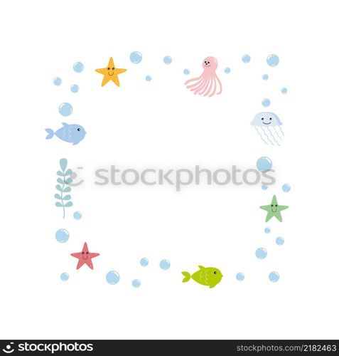 Vector square frame with sea life and sea waves. World ocean day. Children&rsquo;s cartoon illustration for design of postcards, stickers, books, albums, logos and children&rsquo;s clothing.