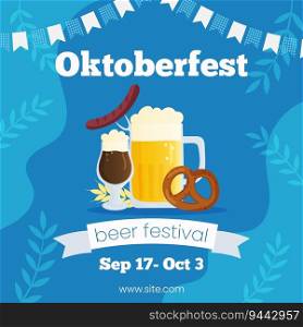 Vector square template banner invitation for Oktoberfest. Autumn beer festival illustration. Beer mugs on blue background with traditional colors flags. Greeting card for social media.