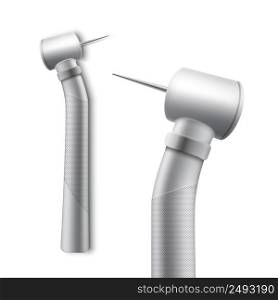 Vector stainless dental handpiece for drilling and grinding side view isolated on white background. Stainless dental drill