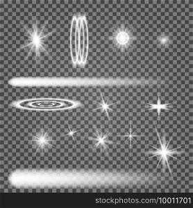 Vector star light glow. Spark shine. White flare effect illustration on transparent background. Shiny christmass sparkle. Magic sunlight ray. Special lens glitter element. Explosion burst. Vector star light glow. Spark shine flare effect