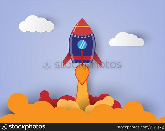 Vector Start up business concept. rocket flying on the air,paper art style.
