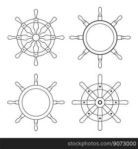 vector steering wheels of a ship, boat or yacht isolated on white background. outlines. rudder direction concept. nautical or travel thin line symbol. wooden steer wheel set