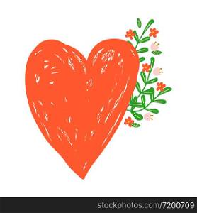 vector sticker. red heart and flowers in hand drawn style. badge for social networks. love. Valentine&rsquo;s day.