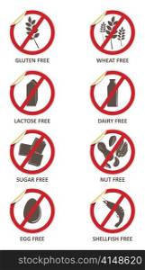 Vector stickers for allergen free products, such as gluten free, lactose free, wheat free, dairy free, sugar free, nut free, egg free and shellfish free
