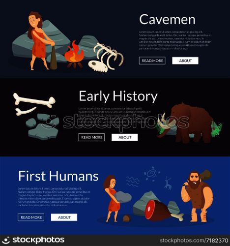 Vector stone age cartoon cavemen horizontal web banners or poster set illustration. Vector stone age cartoon cavemen banners illustration