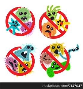 vector stop bacteria icons isolated on white background. stop virus warning sign. no microbes antibacterial symbol. protection from epidemic spreading of microorganism, virus or germs cartoon