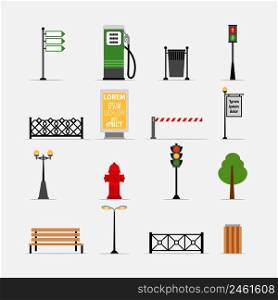 Vector street element icons set. Bench and billboard, hydrant and trafficlights, streetlights and fence. Vector street element icons