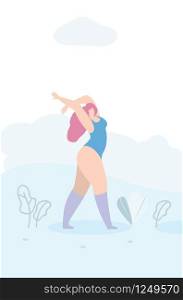 Vector Style Cartoon Satisfied Happy Sporty Woman Character in Sportswear Standing in Sensual Position Motivate Flat Banner Template Sport Fitness Wellness Beauty Strength Inspirational Concept. Satisfied Happy Sporty Woman Motivate Flat Banner