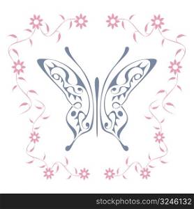 Vector stylized butterfly with floral pattern frame