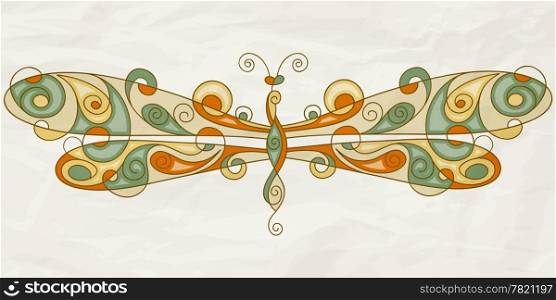 vector stylized dragonfly with detailed wings on crumpled paper texture, eps 10, mesh