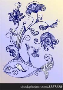vector stylized ethnic fairy whale with flowers on the back
