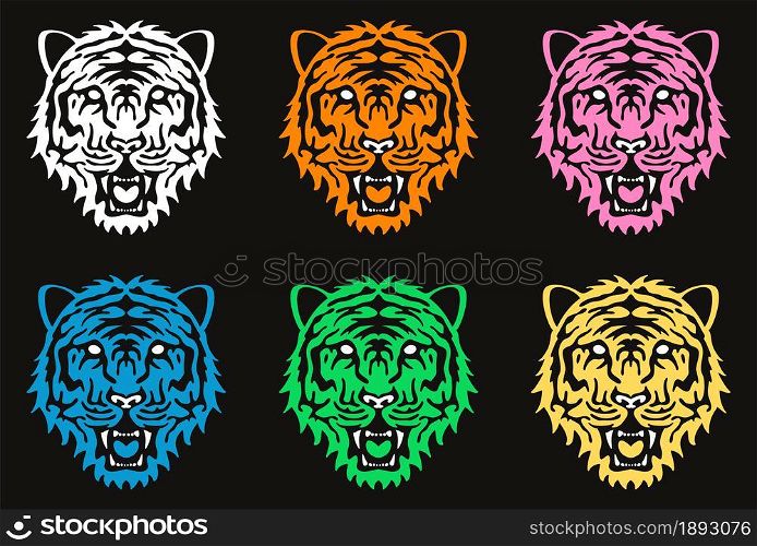 vector stylized graphic drawing of face of angry tiger. abstract silhouette of wild cat isolated on black background, set of tiger predator