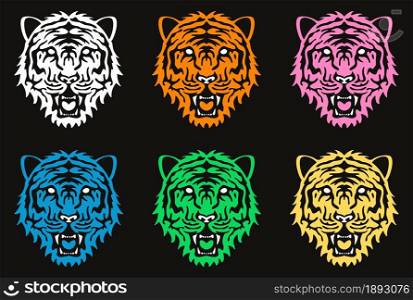 vector stylized graphic drawing of face of angry tiger. abstract silhouette of wild cat isolated on black background, set of tiger predator