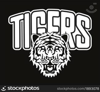 vector stylized graphic drawing of face of angry tiger and text. abstract silhouette of wild cat isolated on white background, tiger predator