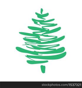 Vector stylized green scribbled Christmas tree logo. Doodle hand drawn xmas element of design for greeting card, banner, poster.. Vector stylized green scribbled Christmas tree logo. Doodle hand drawn xmas element of design for greeting card, banner, poster