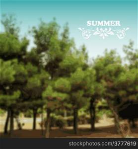 Vector Summer Background with green forest and blue sky, place for your text, Cooper Black Std font used in example