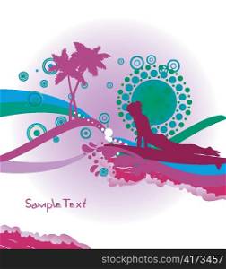 vector summer background with palm trees and surfer girl