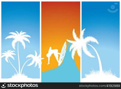 vector summer banners with palm trees and surfer