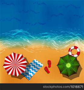 Vector summer beach landscape with sand, water, umbrellas and blankets background illustration. Ocean or sea sand beach, summer holiday. Vector summer beach landscape with sand, water, umbrellas and blankets background illustration