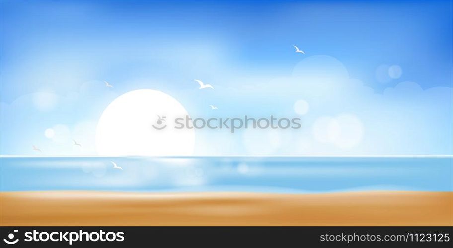 Vector Summer beach with sand, sun and blue sky,Illustration Sea scape with soft bokeh sky light in hot sunny day, Blurry tropical beach with sun light. Holiday background