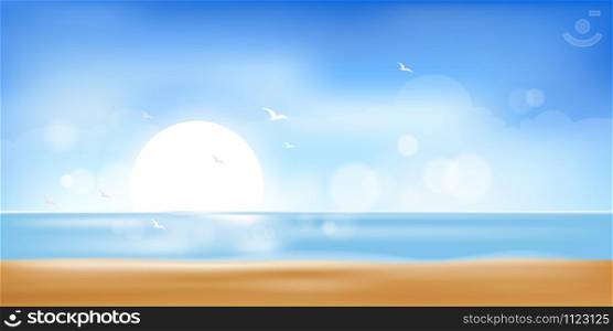 Vector Summer beach with sand, sun and blue sky,Illustration Sea scape with soft bokeh sky light in hot sunny day, Blurry tropical beach with sun light. Holiday background