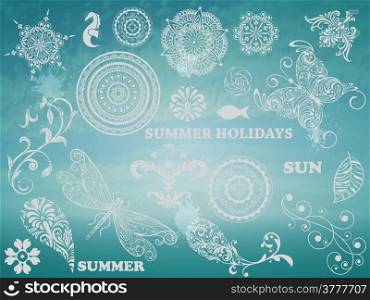 Vector Summer Design elements on Background with blue sky and sea, example with Chaparral Pro Bold and Cooper Std fonts, blobs with transparency effects
