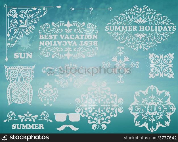 Vector Summer Design elements on Background with blue sky and sea, Vintage frames for your text, example with Chaparral Pro Bold and Cooper Std fonts, blobs with transparency effects