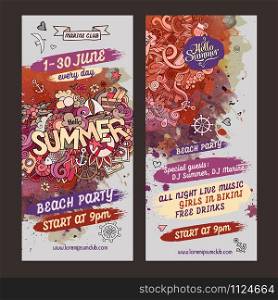 Vector summer doodles watercolor paint party flyer design. Vector summer watercolor paint party flyer design