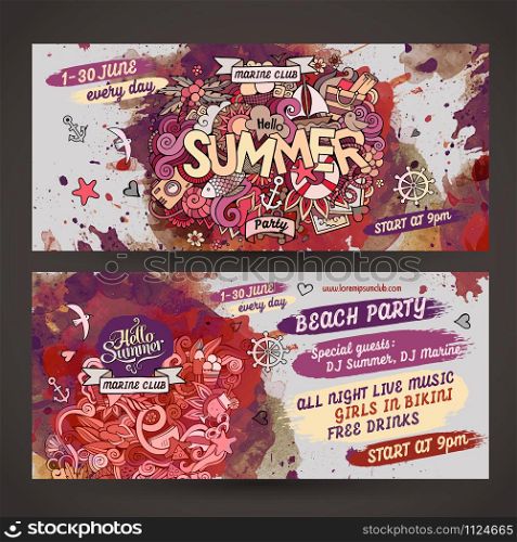 Vector summer doodles watercolor paint party flyer design. Vector summer watercolor paint party flyer design