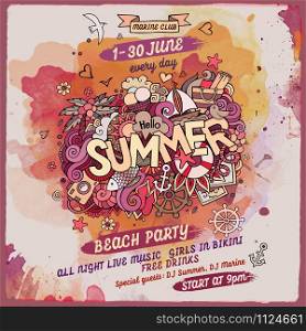Vector summer doodles watercolor paint party poster design. Vector summer watercolor paint party poster