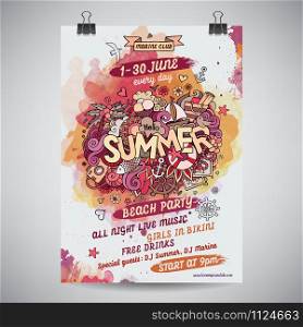 Vector summer doodles watercolor paint party poster design. Vector summer watercolor paint party poster