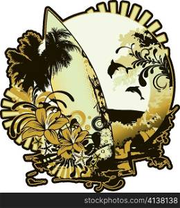 vector summer emblem with surfboard
