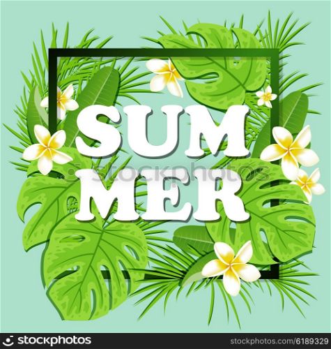Vector summer floral frame with tropical plants and flowers. Green tropical background.