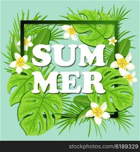 Vector summer floral frame with tropical plants and flowers. Green tropical background.