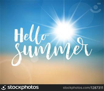 Vector Summer holiday poster with hot summer sun, abstract beach in the background and lettering Hello Summer. Hello Summer - Summer holiday poster