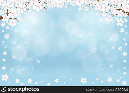 Vector summer nature background with cute white sakura on blue pastel background, Spring background with cherry blossom border and blurry bokeh light effectTemplate banner for Easter or Spring