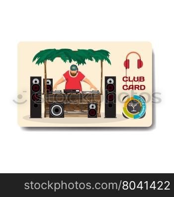 Vector summer party flyer disco style. Day beach, dj with sound system, template posters, invitation.