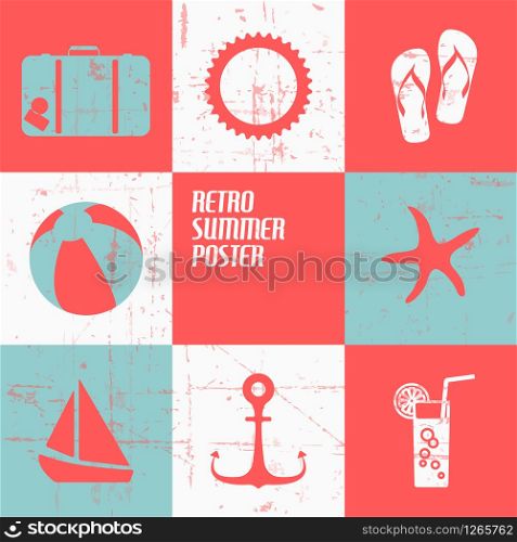 Vector summer poster made from icons - retro blue and red version
