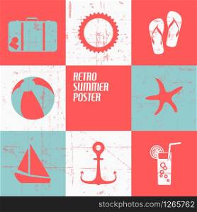 Vector summer poster made from icons - retro blue and red version